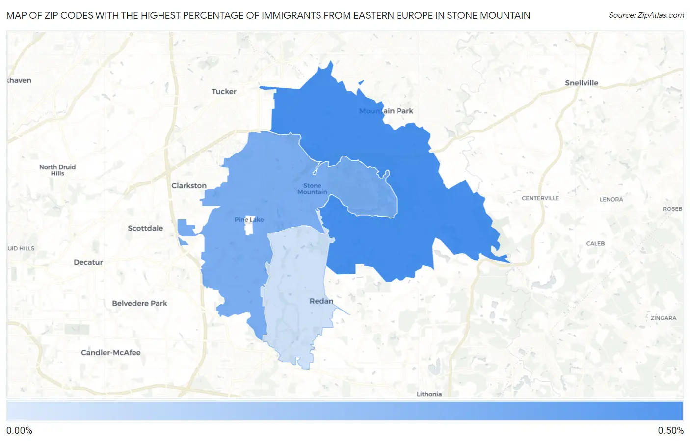Zip Codes with the Highest Percentage of Immigrants from Eastern Europe in Stone Mountain Map