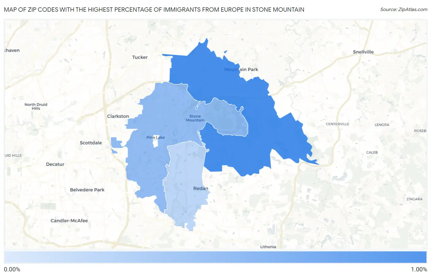 Zip Codes with the Highest Percentage of Immigrants from Europe in Stone Mountain Map