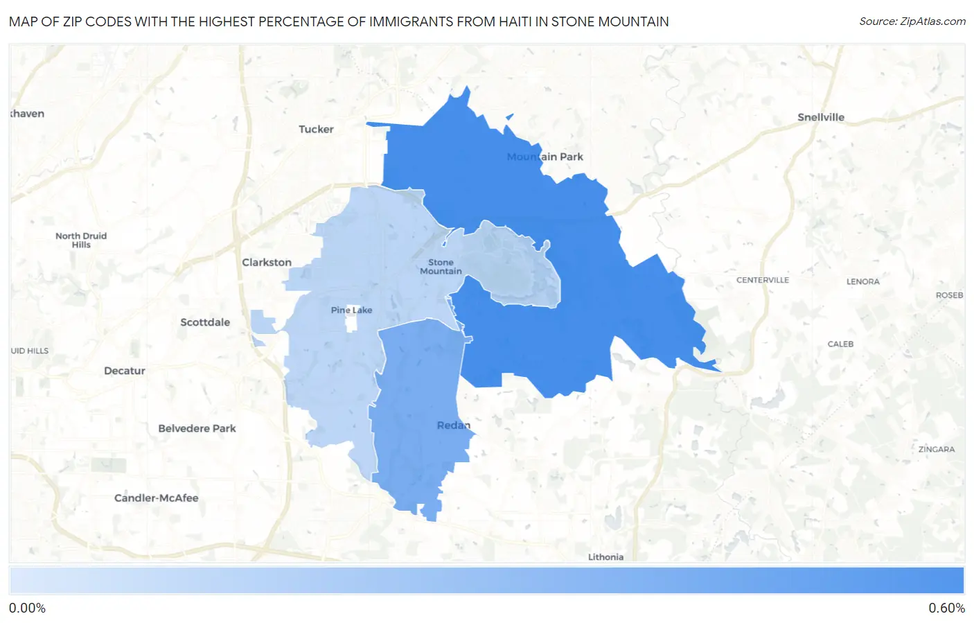 Zip Codes with the Highest Percentage of Immigrants from Haiti in Stone Mountain Map