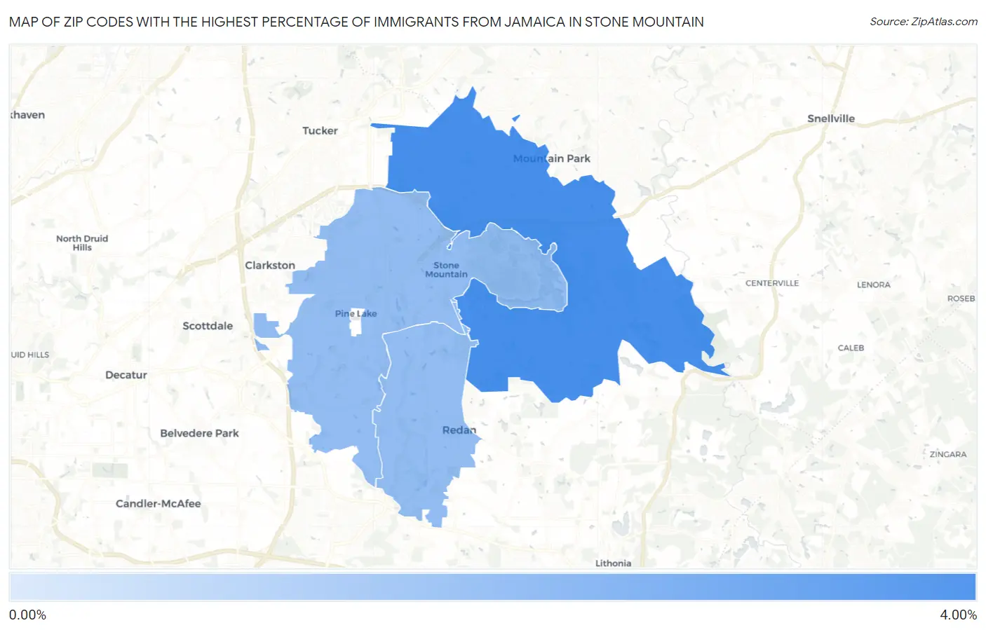Zip Codes with the Highest Percentage of Immigrants from Jamaica in Stone Mountain Map