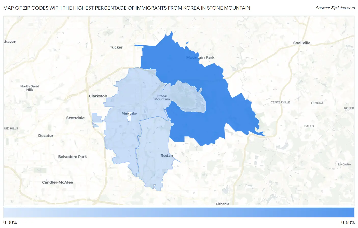 Zip Codes with the Highest Percentage of Immigrants from Korea in Stone Mountain Map