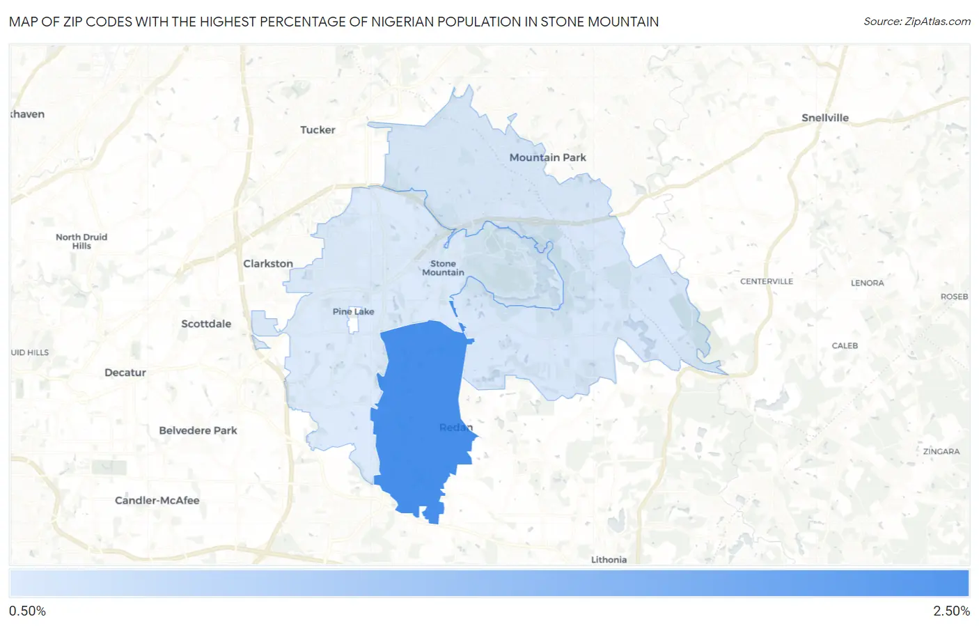 Zip Codes with the Highest Percentage of Nigerian Population in Stone Mountain Map