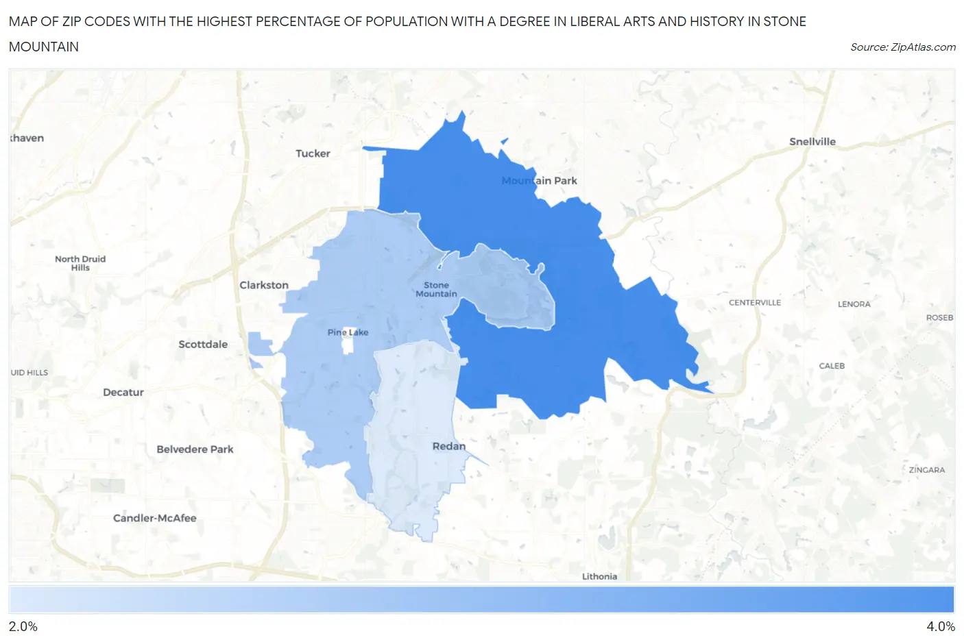 Zip Codes with the Highest Percentage of Population with a Degree in Liberal Arts and History in Stone Mountain Map