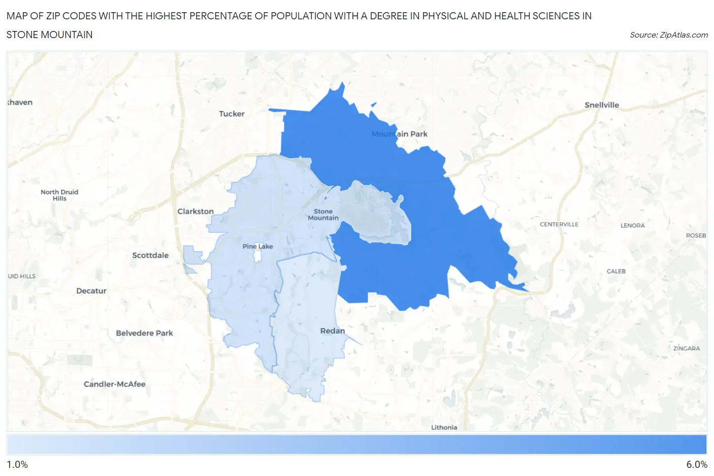 Zip Codes with the Highest Percentage of Population with a Degree in Physical and Health Sciences in Stone Mountain Map