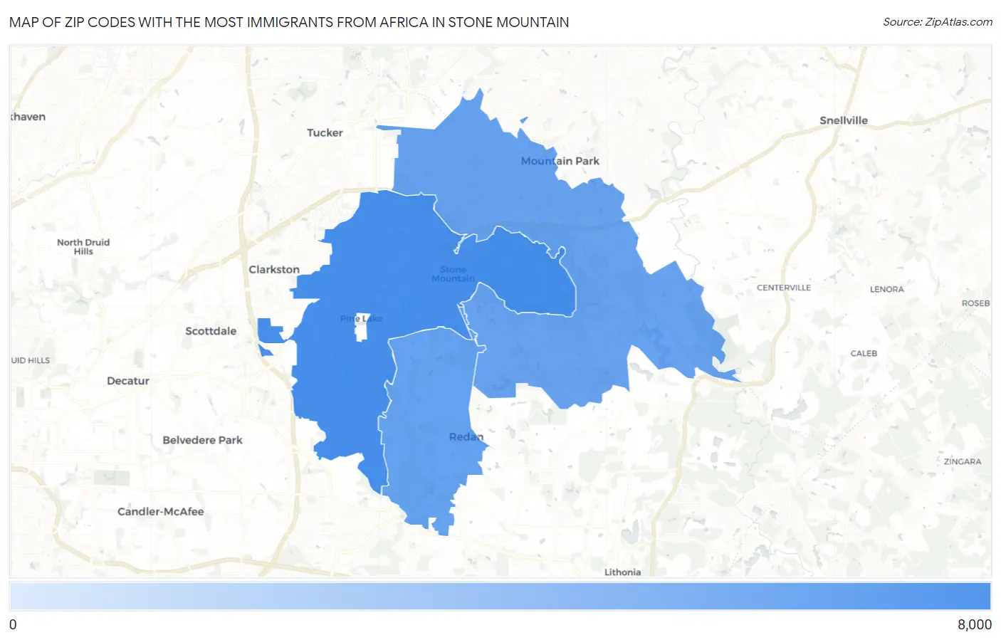 Zip Codes with the Most Immigrants from Africa in Stone Mountain Map