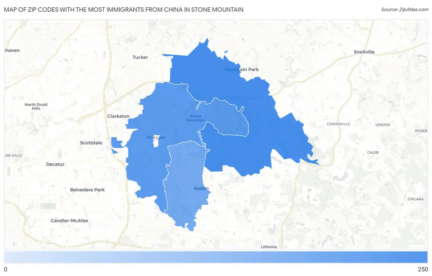 Zip Codes with the Most Immigrants from China in Stone Mountain Map