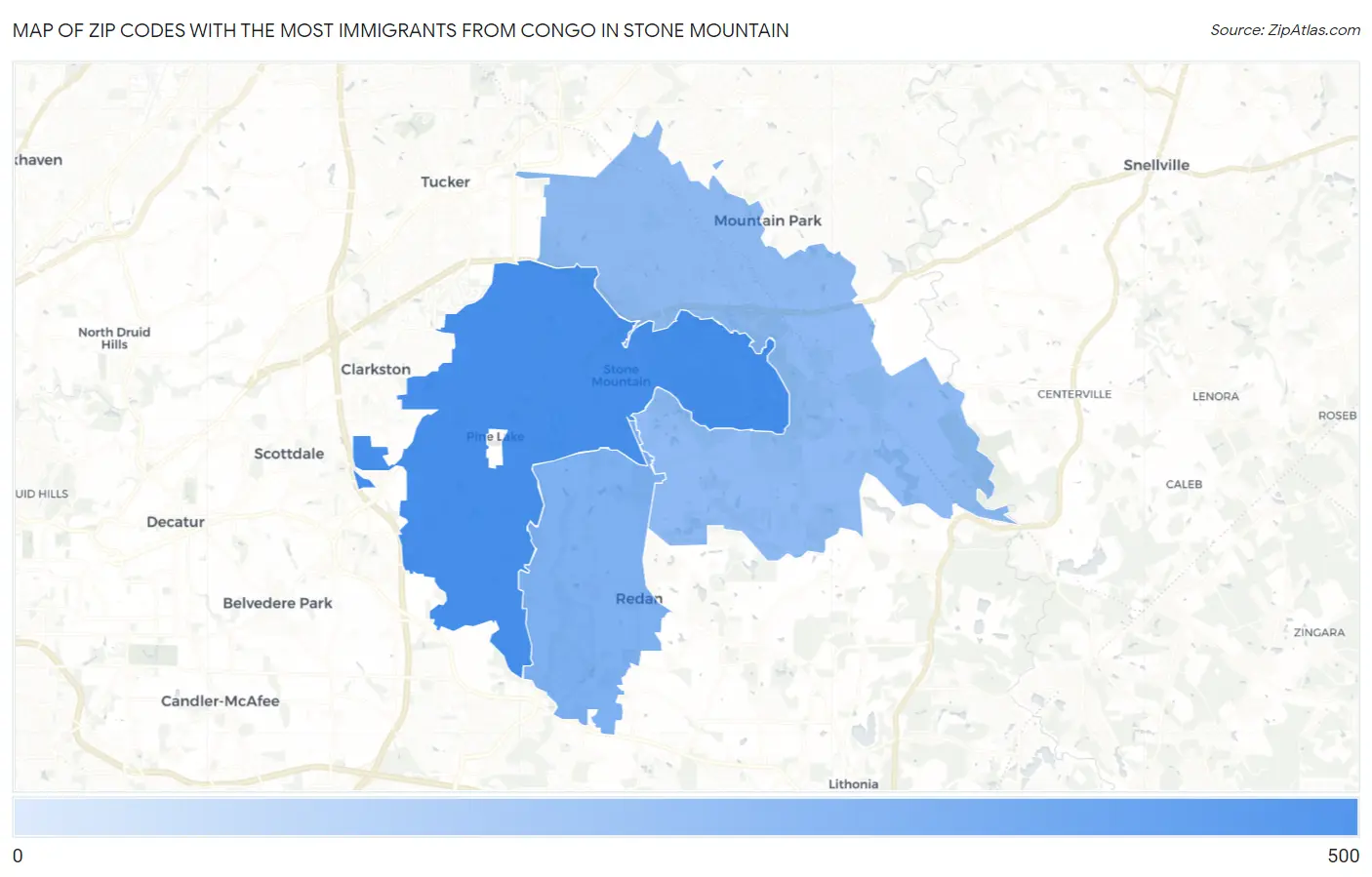 Zip Codes with the Most Immigrants from Congo in Stone Mountain Map