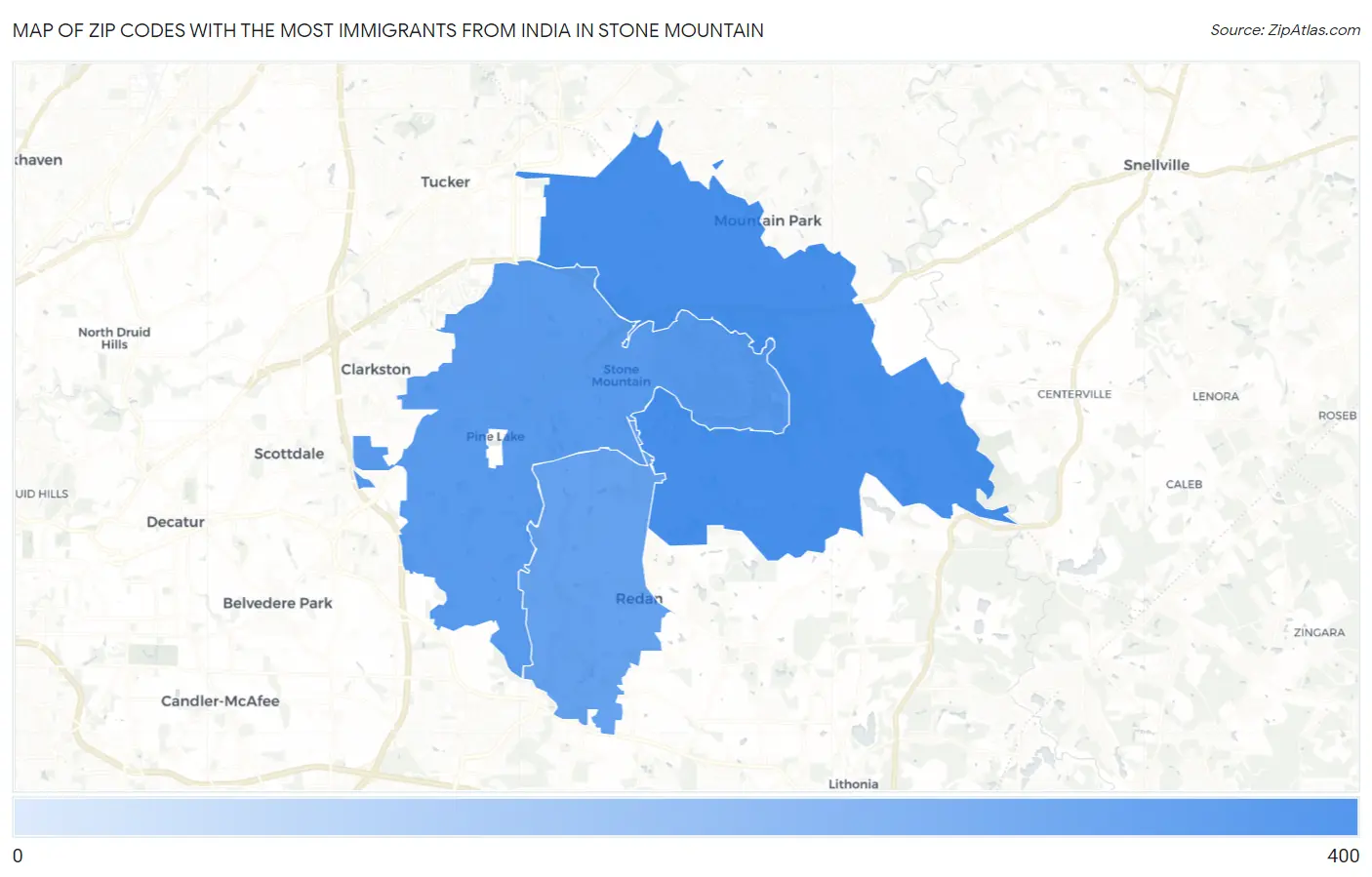 Zip Codes with the Most Immigrants from India in Stone Mountain Map
