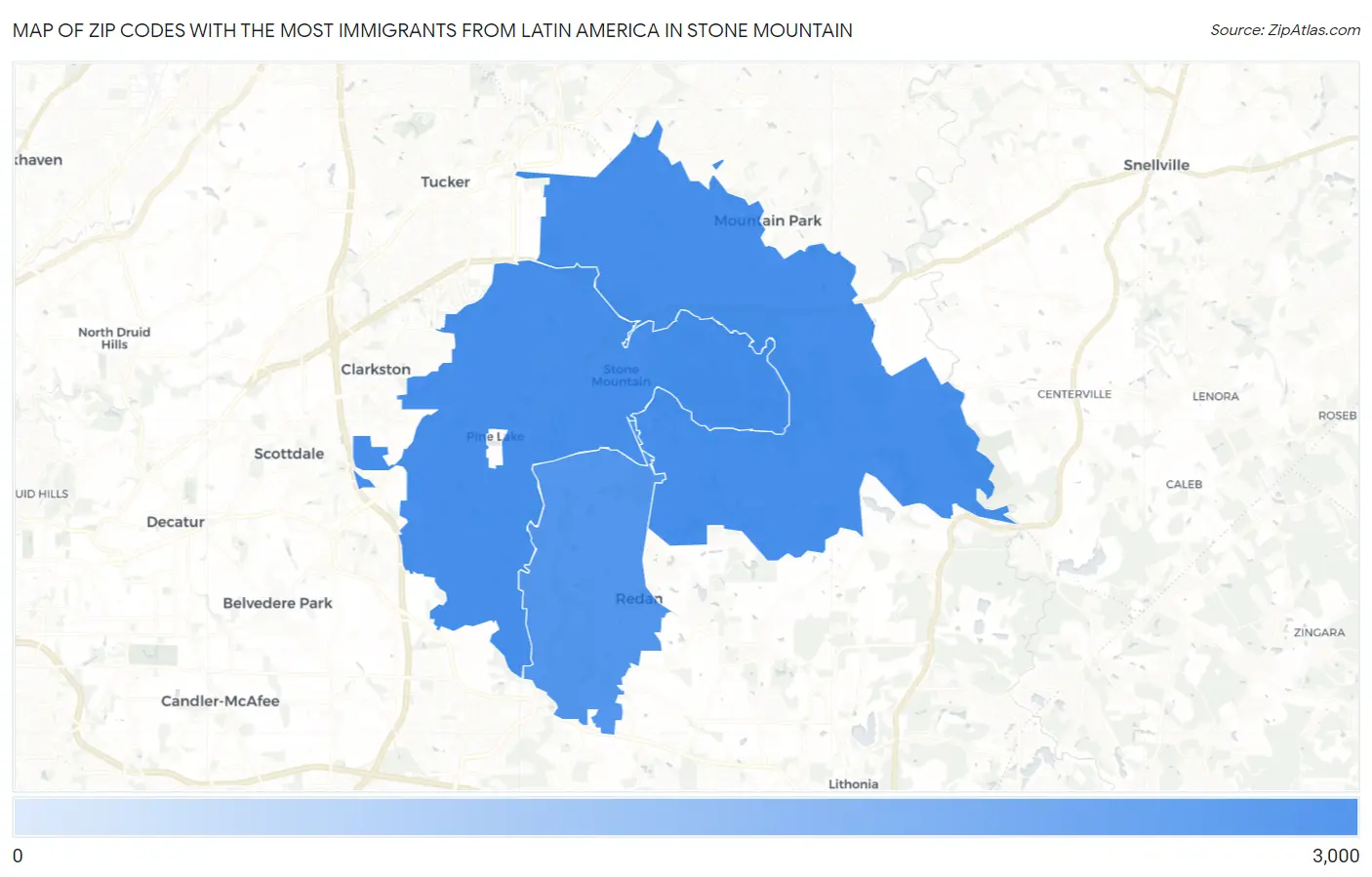 Zip Codes with the Most Immigrants from Latin America in Stone Mountain Map