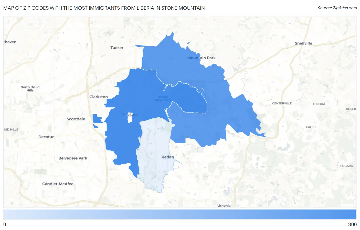 Zip Codes with the Most Immigrants from Liberia in Stone Mountain Map