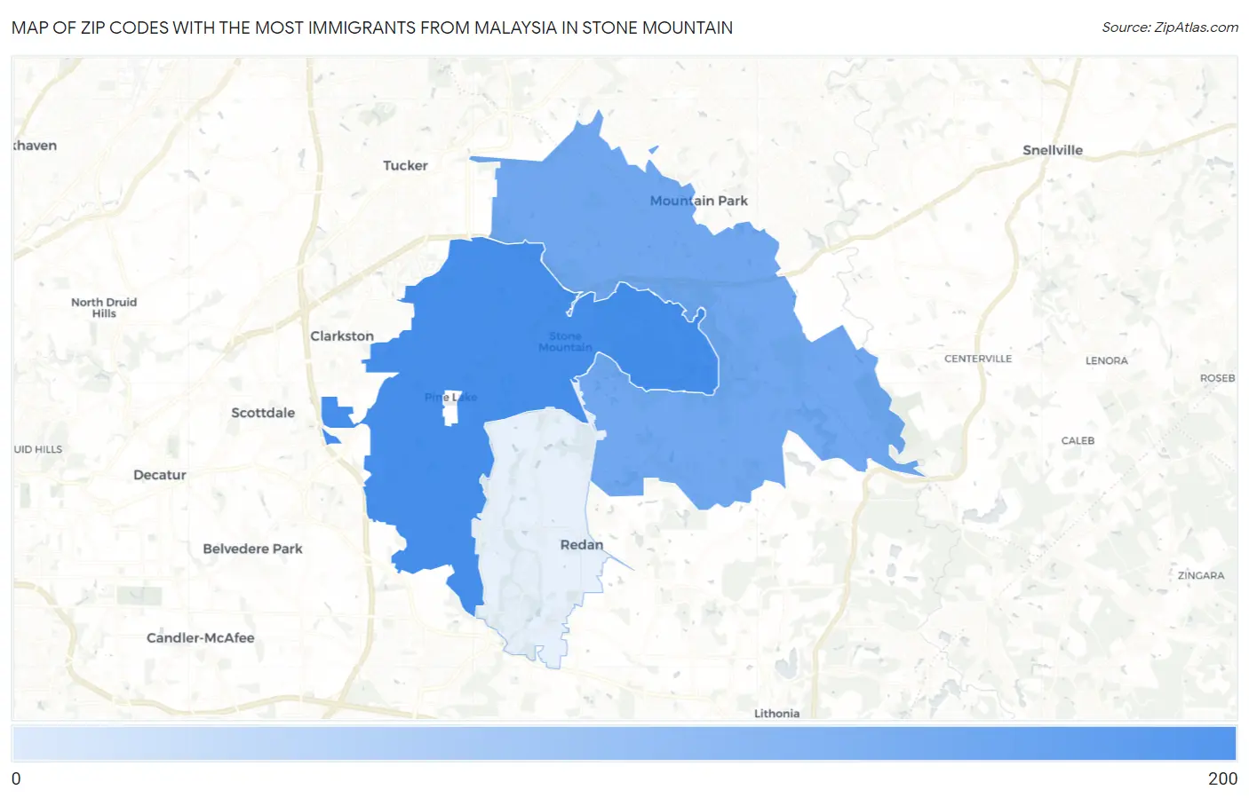 Zip Codes with the Most Immigrants from Malaysia in Stone Mountain Map