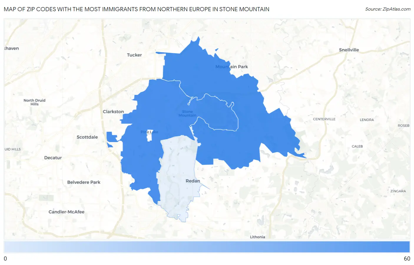 Zip Codes with the Most Immigrants from Northern Europe in Stone Mountain Map