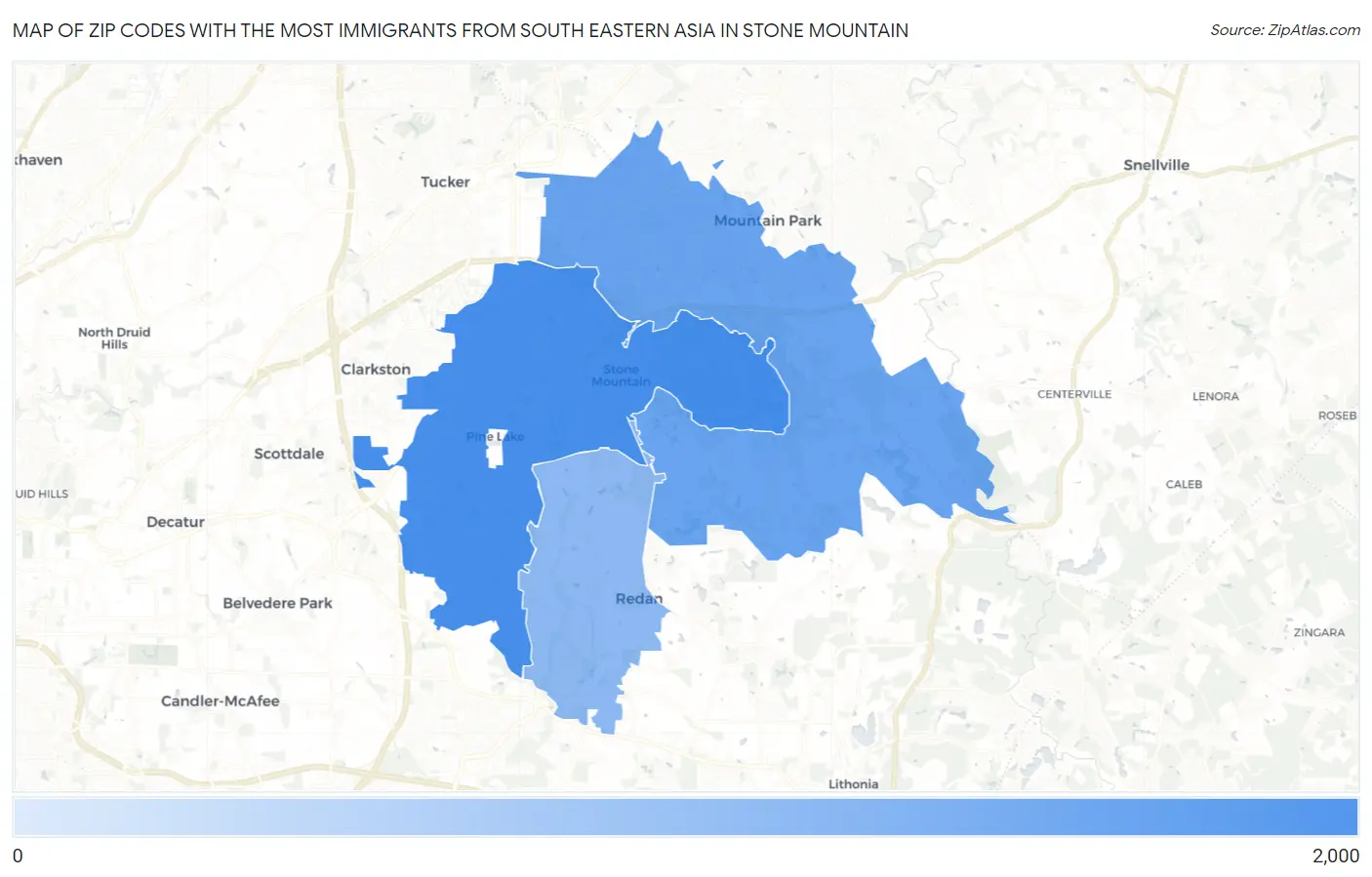 Zip Codes with the Most Immigrants from South Eastern Asia in Stone Mountain Map