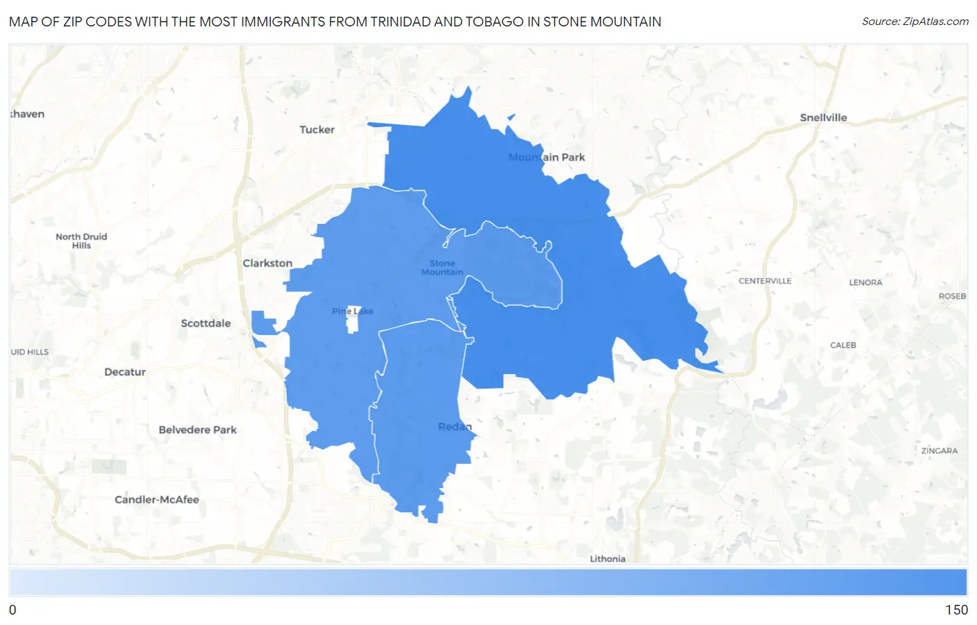 Zip Codes with the Most Immigrants from Trinidad and Tobago in Stone Mountain Map