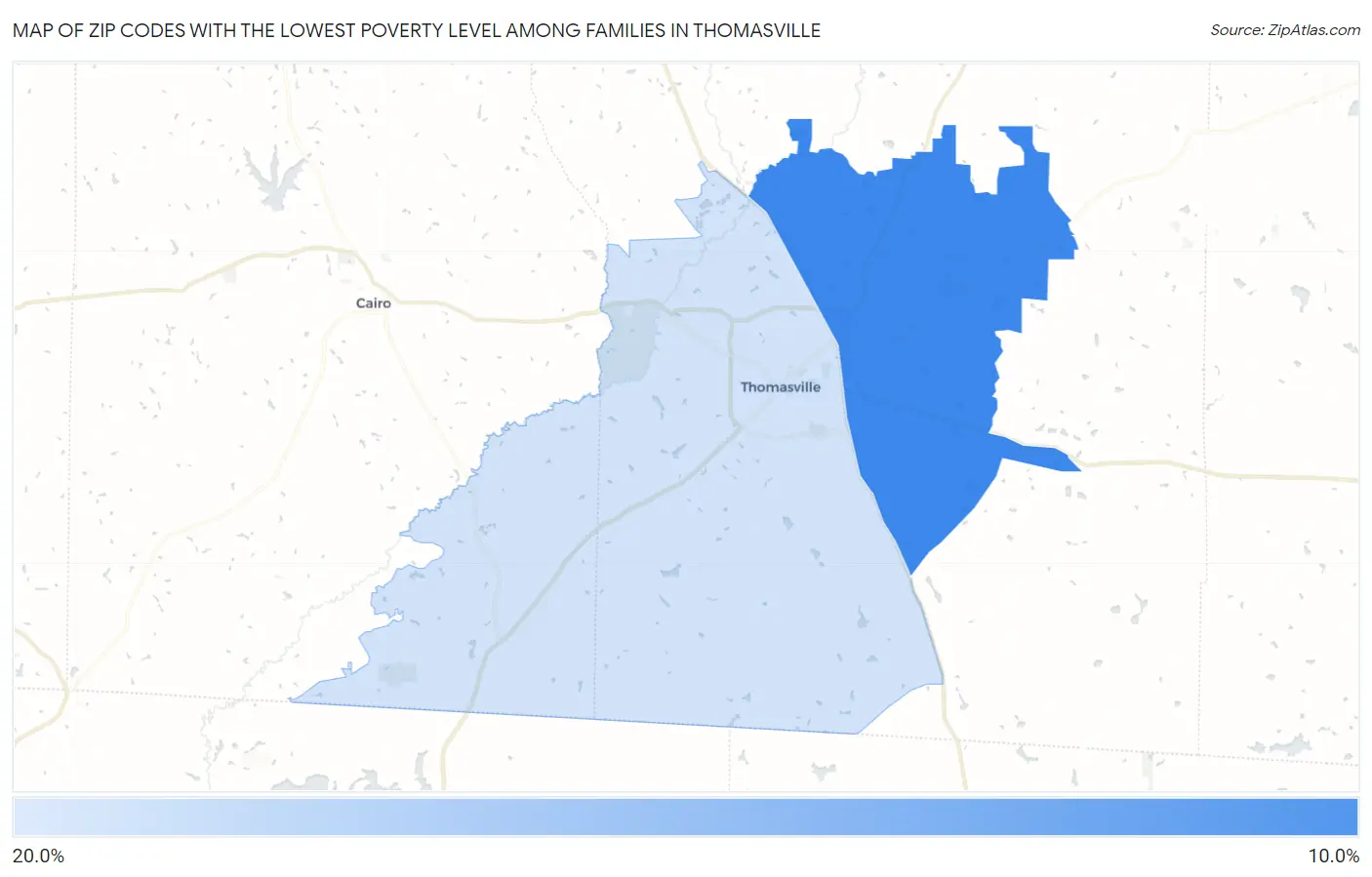 Zip Codes with the Lowest Poverty Level Among Families in Thomasville Map