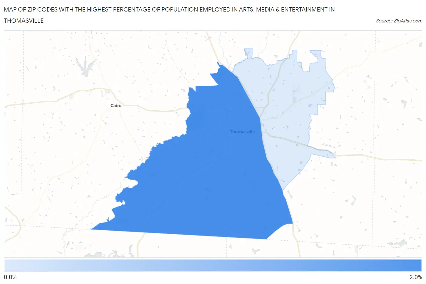 Zip Codes with the Highest Percentage of Population Employed in Arts, Media & Entertainment in Thomasville Map