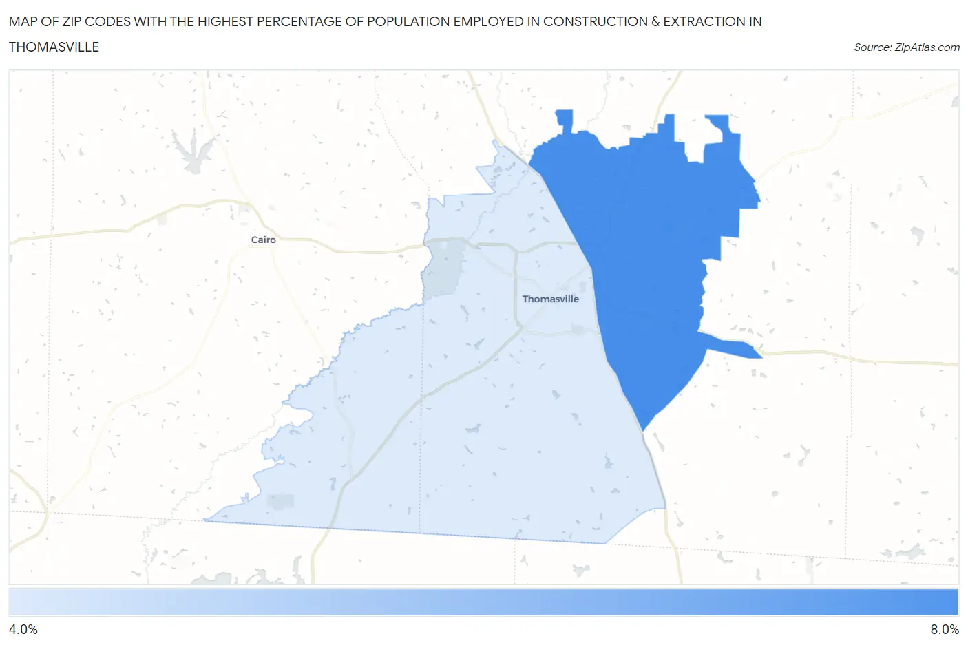Zip Codes with the Highest Percentage of Population Employed in Construction & Extraction in Thomasville Map