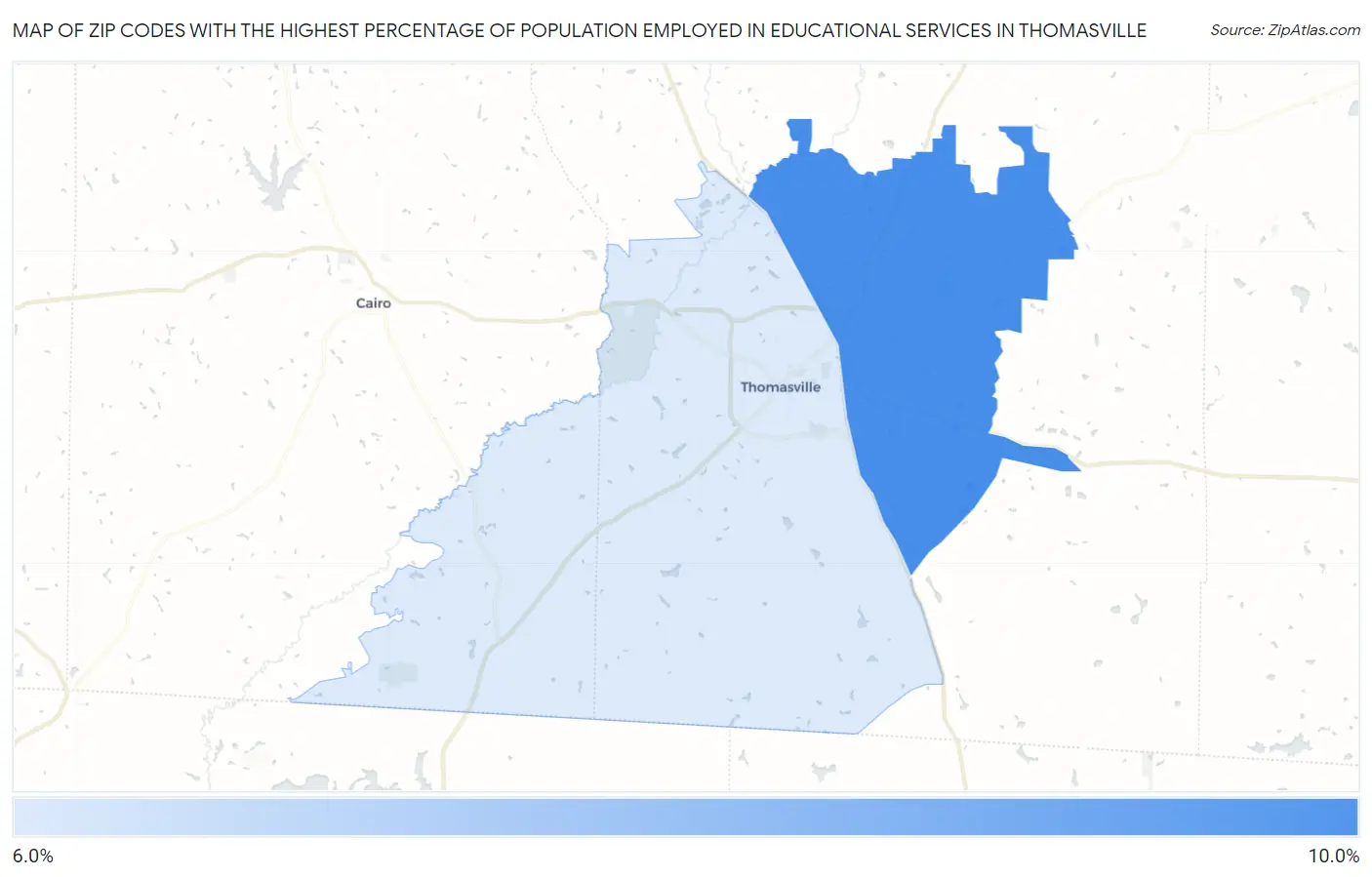 Zip Codes with the Highest Percentage of Population Employed in Educational Services in Thomasville Map