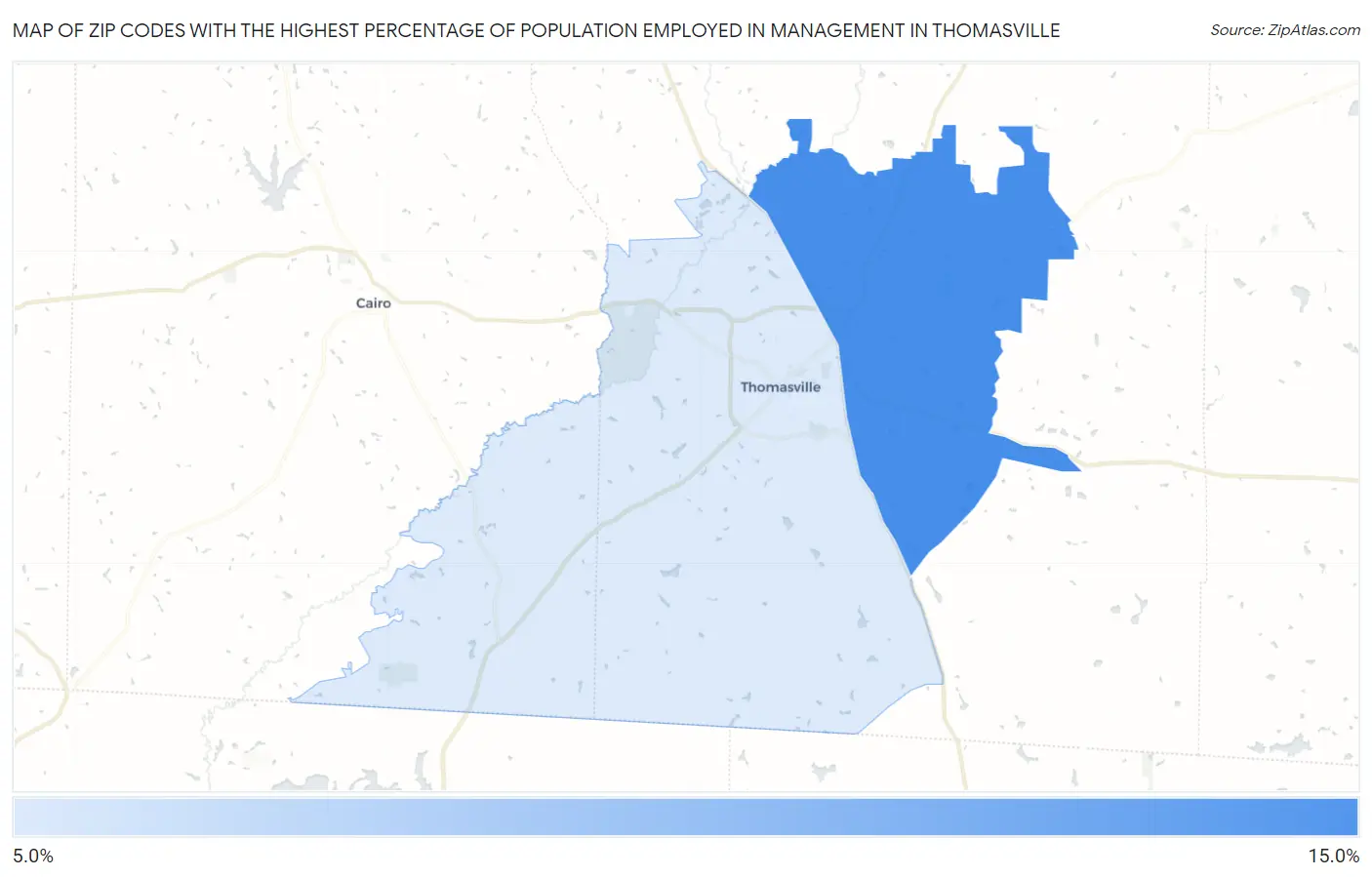 Zip Codes with the Highest Percentage of Population Employed in Management in Thomasville Map