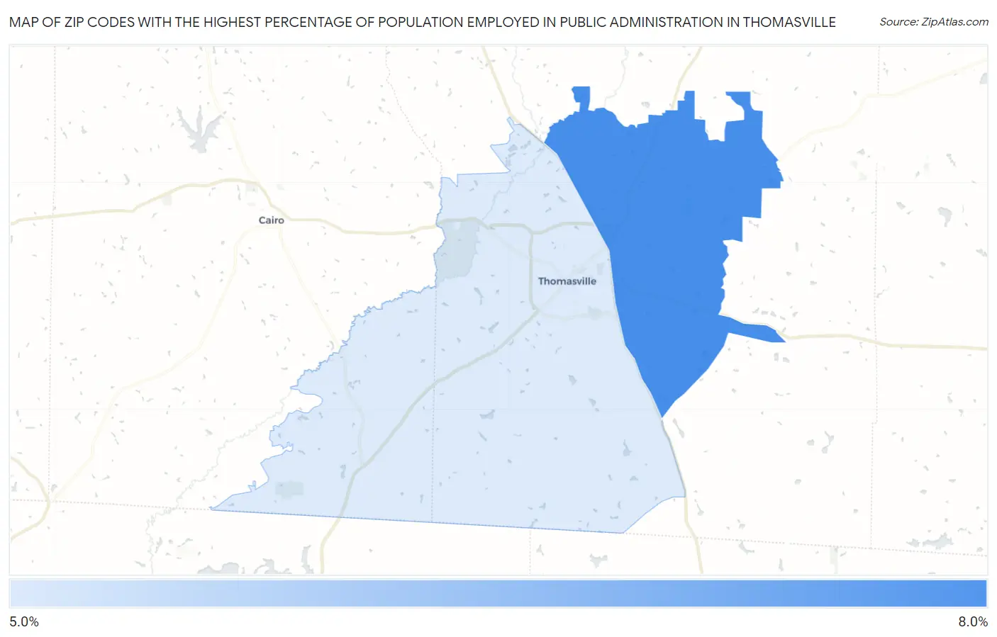 Zip Codes with the Highest Percentage of Population Employed in Public Administration in Thomasville Map