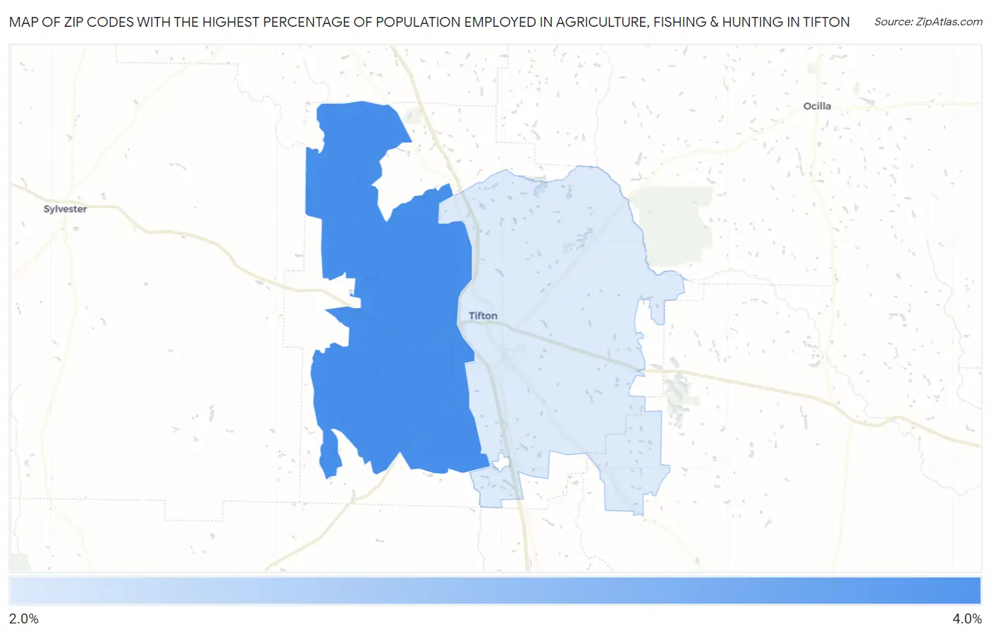 Zip Codes with the Highest Percentage of Population Employed in Agriculture, Fishing & Hunting in Tifton Map