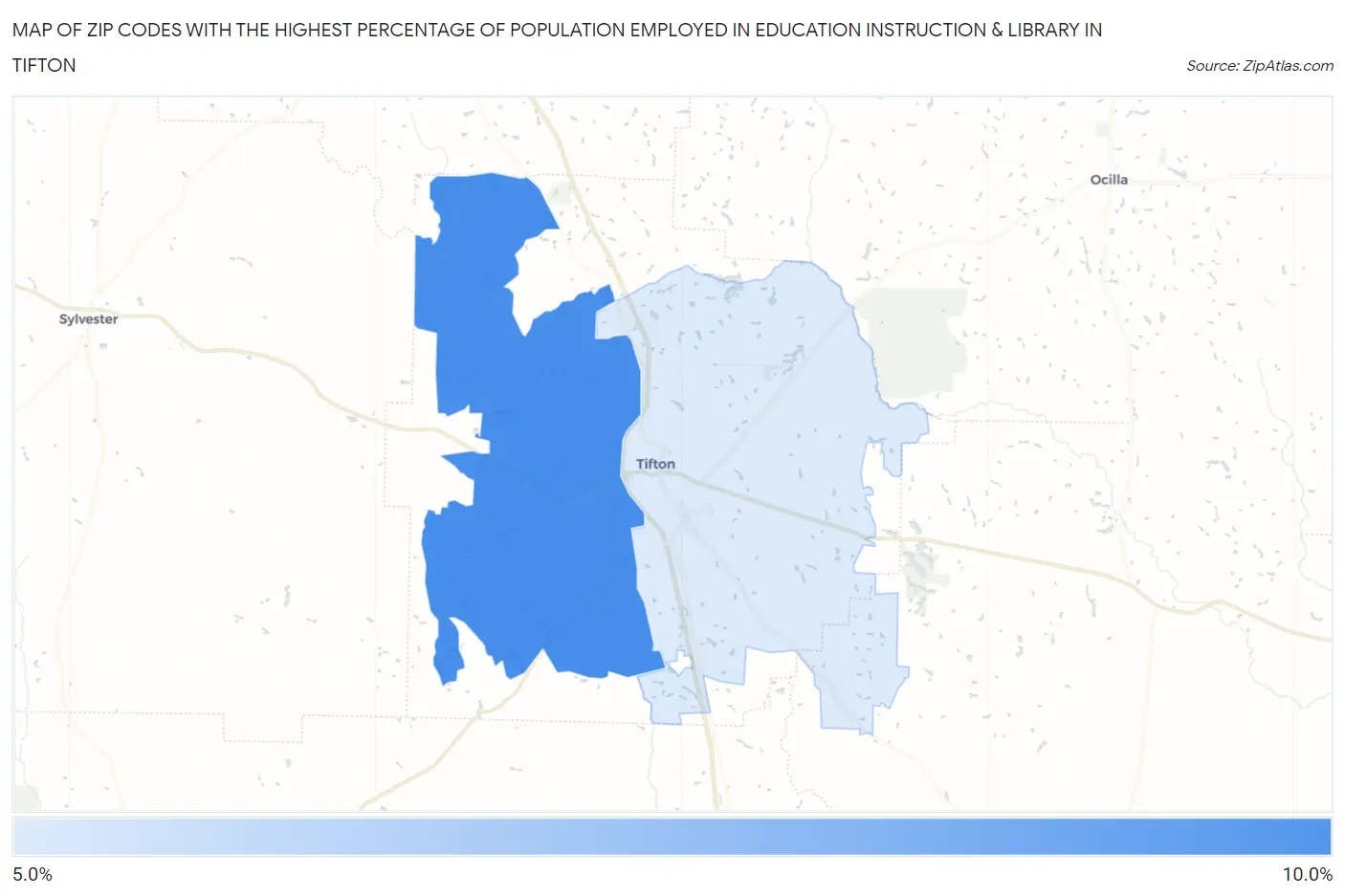 Zip Codes with the Highest Percentage of Population Employed in Education Instruction & Library in Tifton Map