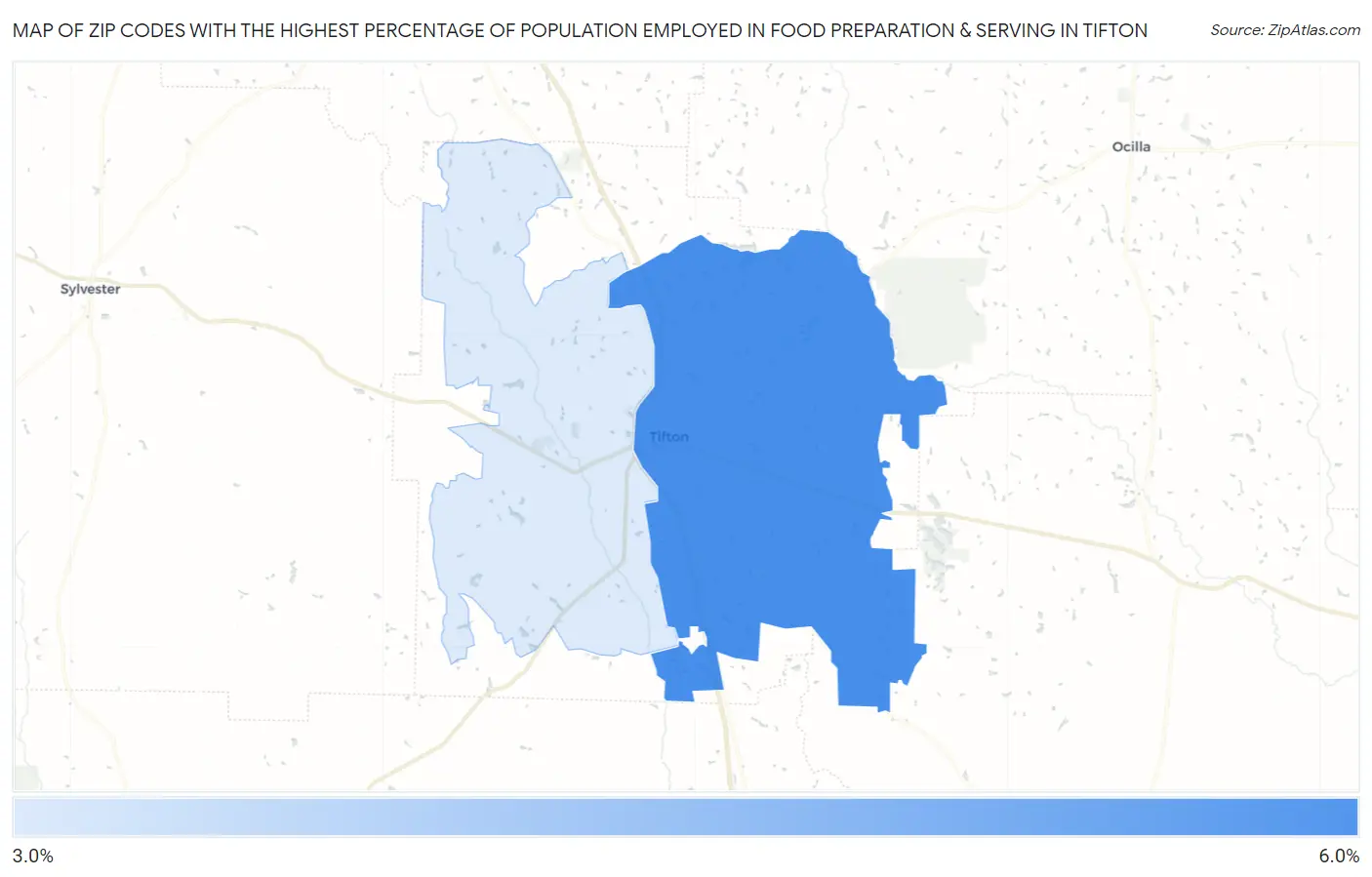 Zip Codes with the Highest Percentage of Population Employed in Food Preparation & Serving in Tifton Map