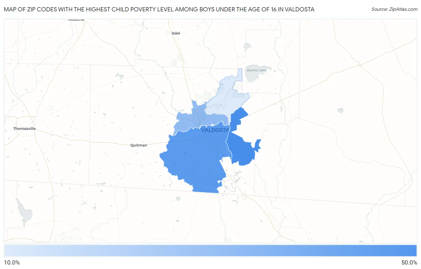 Zip Codes with the Highest Child Poverty Level Among Boys Under the Age of 16 in Valdosta Map