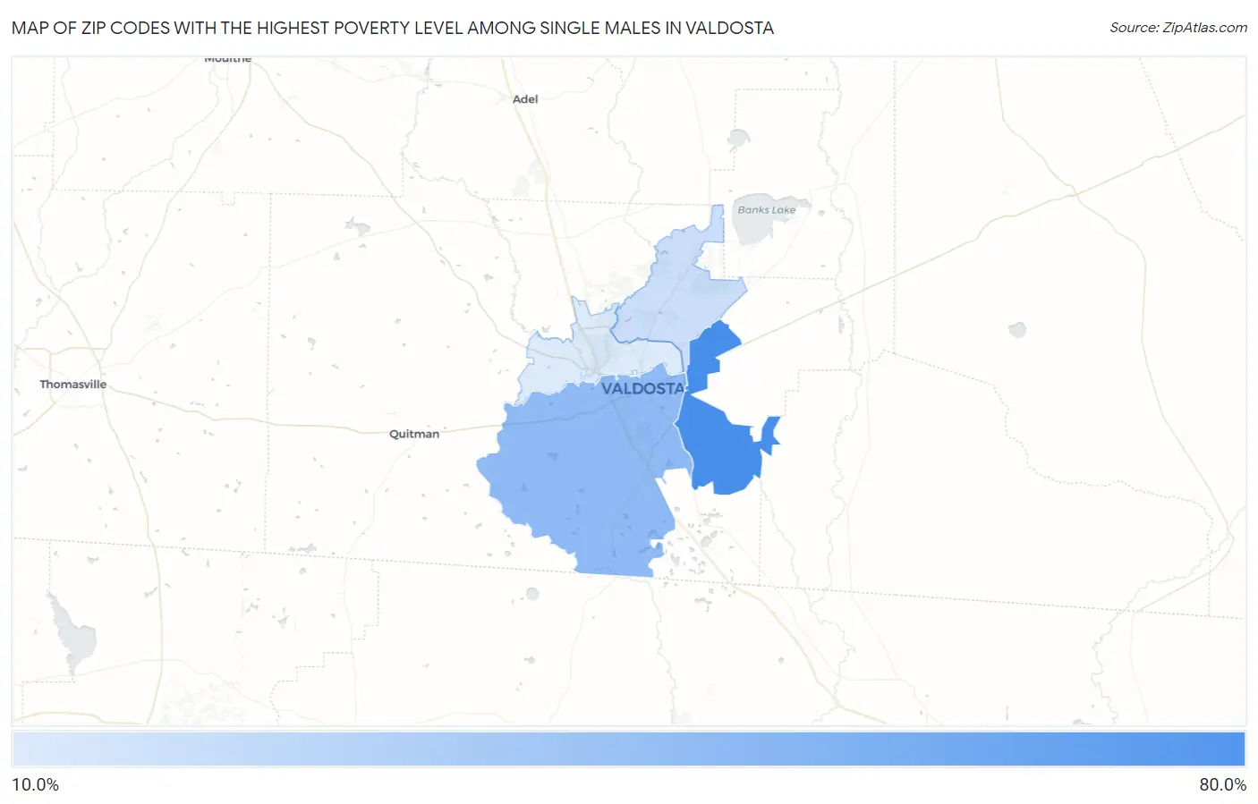 Zip Codes with the Highest Poverty Level Among Single Males in Valdosta Map