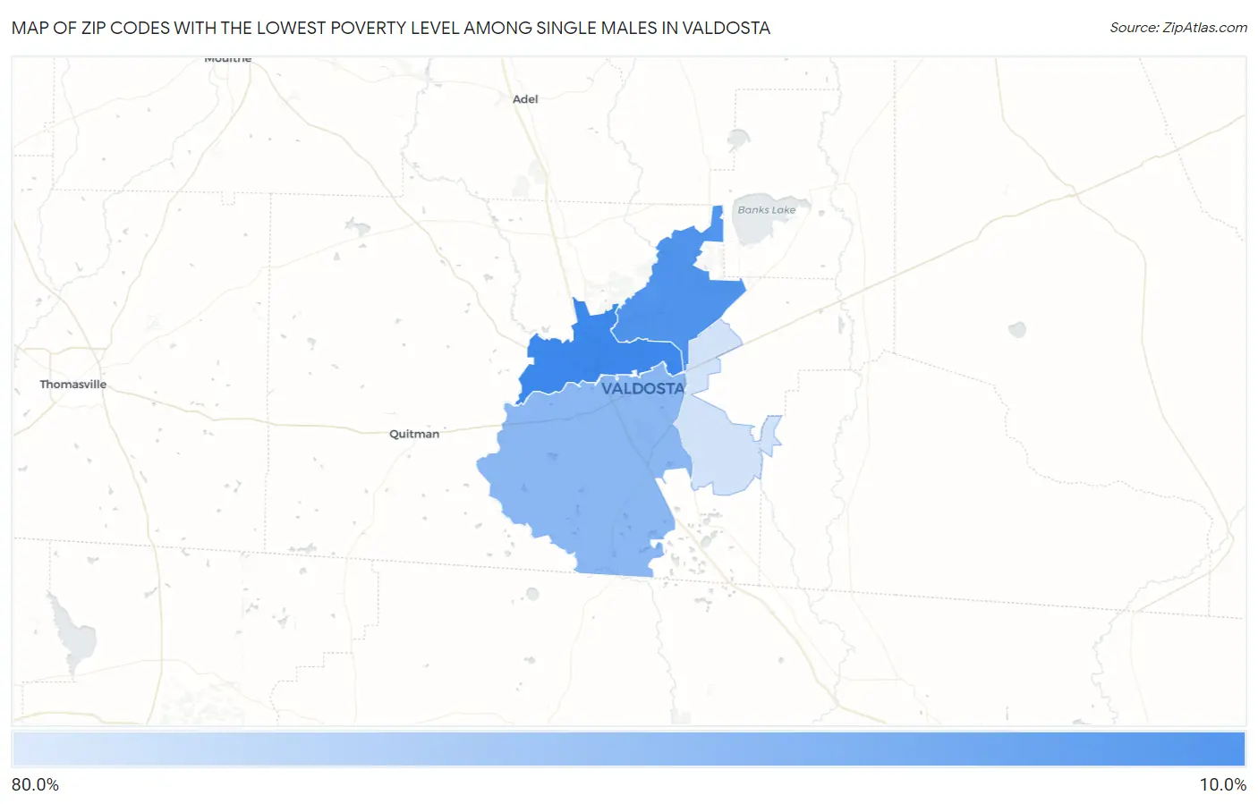Zip Codes with the Lowest Poverty Level Among Single Males in Valdosta Map
