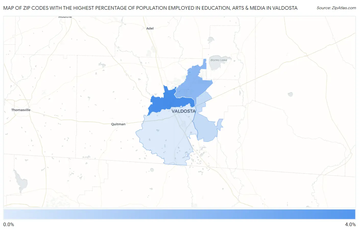 Zip Codes with the Highest Percentage of Population Employed in Education, Arts & Media in Valdosta Map