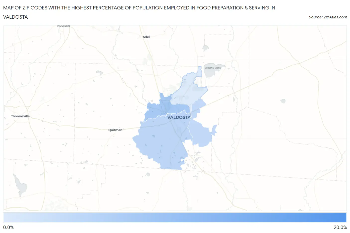 Zip Codes with the Highest Percentage of Population Employed in Food Preparation & Serving in Valdosta Map
