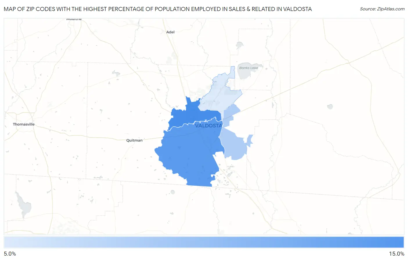Zip Codes with the Highest Percentage of Population Employed in Sales & Related in Valdosta Map