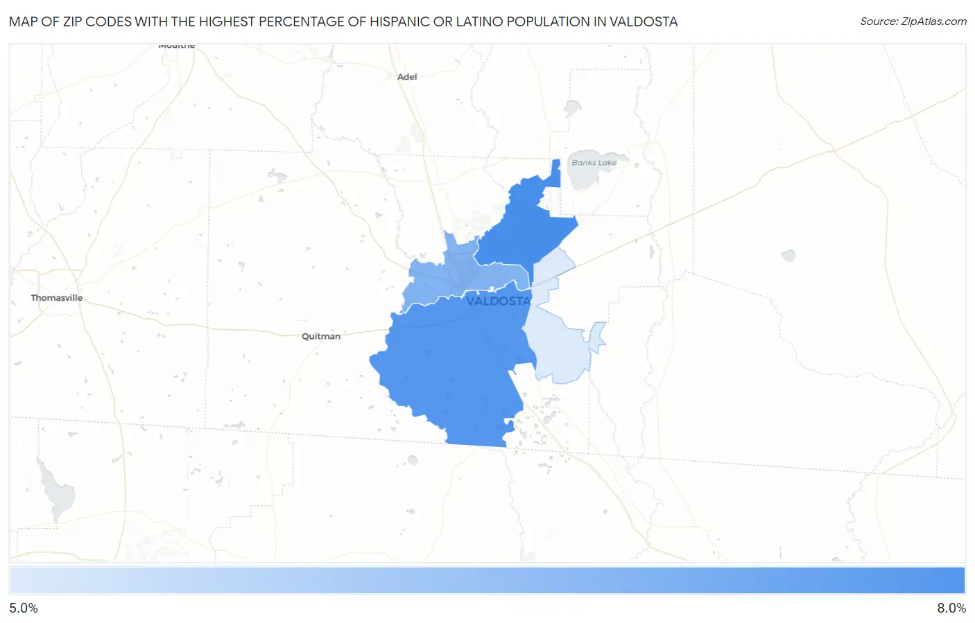 Zip Codes with the Highest Percentage of Hispanic or Latino Population in Valdosta Map