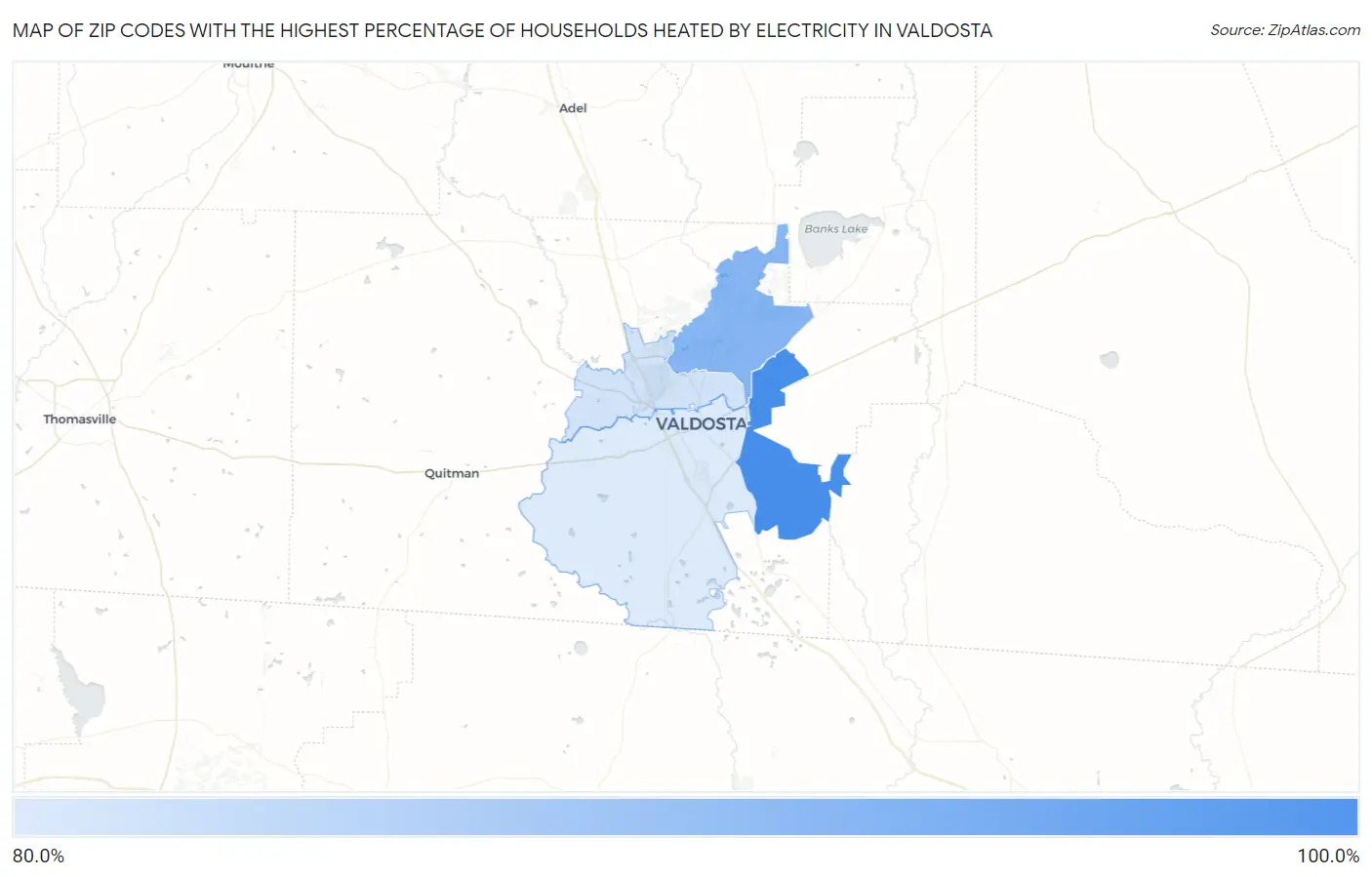 Zip Codes with the Highest Percentage of Households Heated by Electricity in Valdosta Map