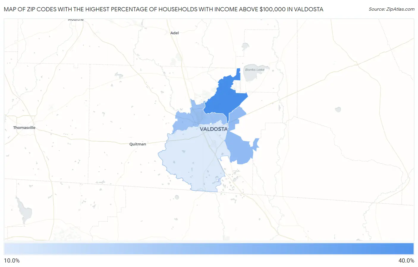 Zip Codes with the Highest Percentage of Households with Income Above $100,000 in Valdosta Map