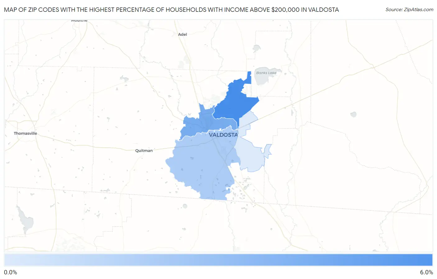 Zip Codes with the Highest Percentage of Households with Income Above $200,000 in Valdosta Map