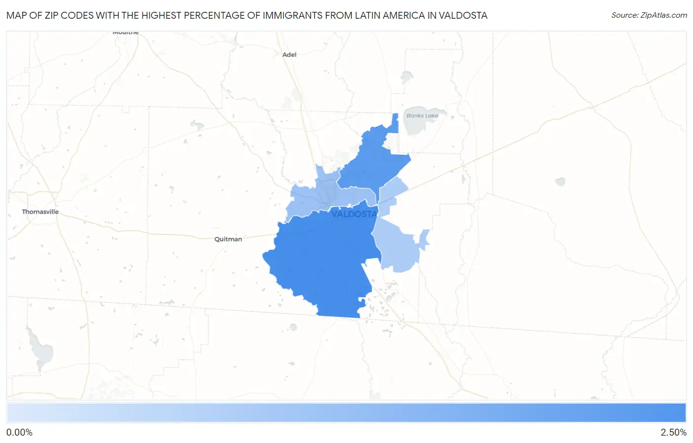 Zip Codes with the Highest Percentage of Immigrants from Latin America in Valdosta Map