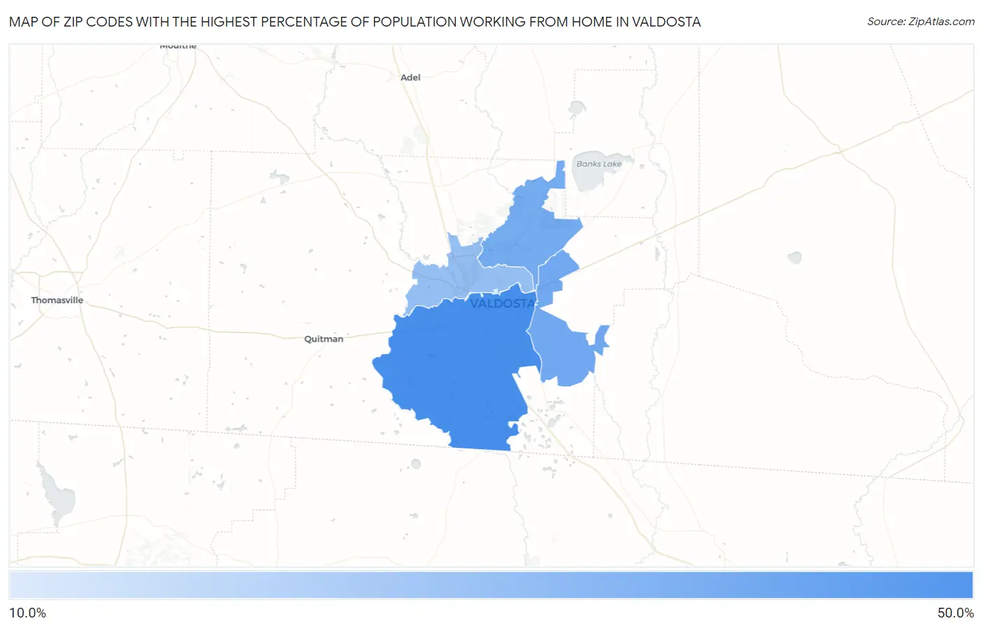 Zip Codes with the Highest Percentage of Population Working from Home in Valdosta Map