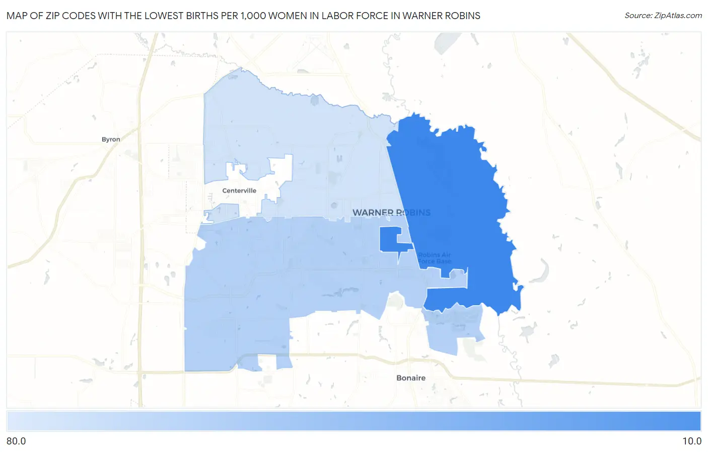 Zip Codes with the Lowest Births per 1,000 Women in Labor Force in Warner Robins Map