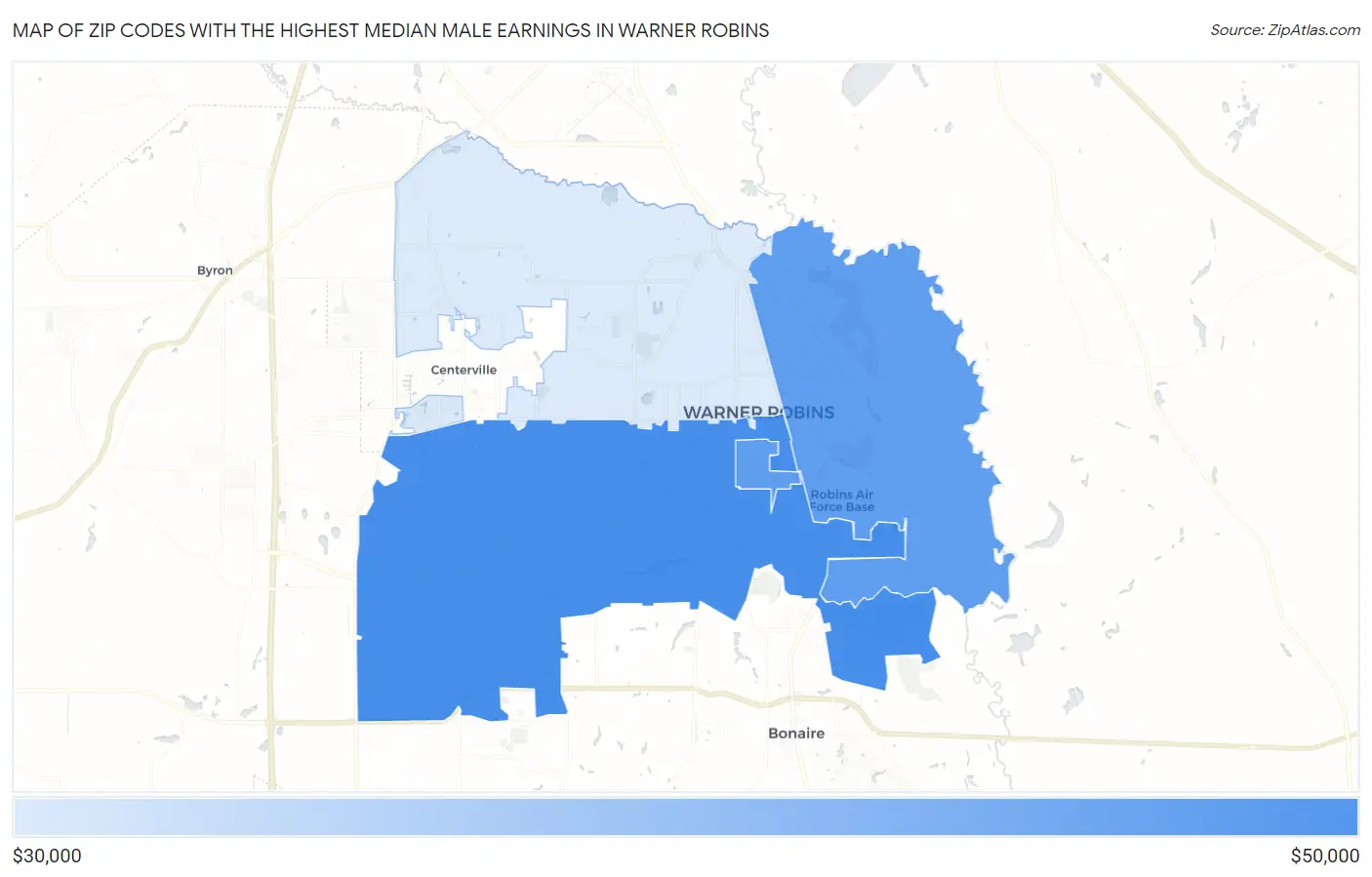 Zip Codes with the Highest Median Male Earnings in Warner Robins Map