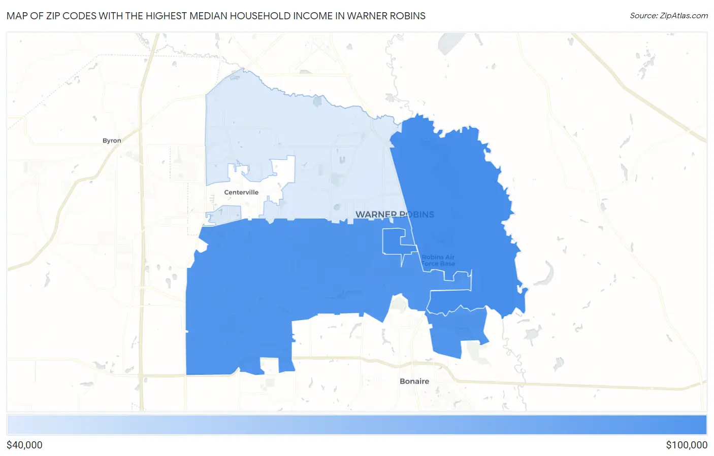 Zip Codes with the Highest Median Household Income in Warner Robins Map