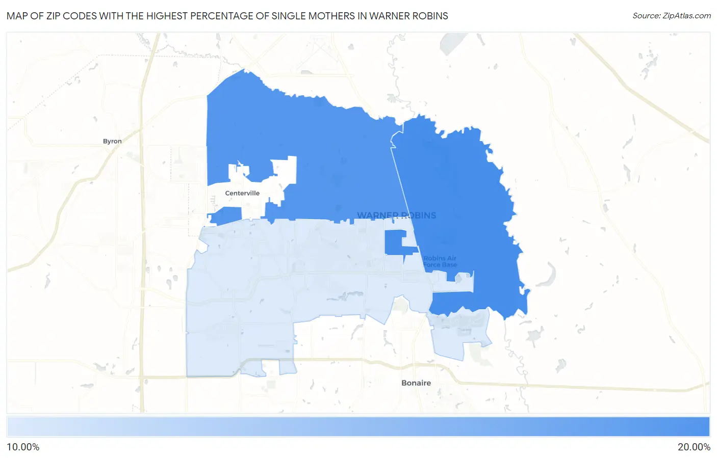 Zip Codes with the Highest Percentage of Single Mothers in Warner Robins Map