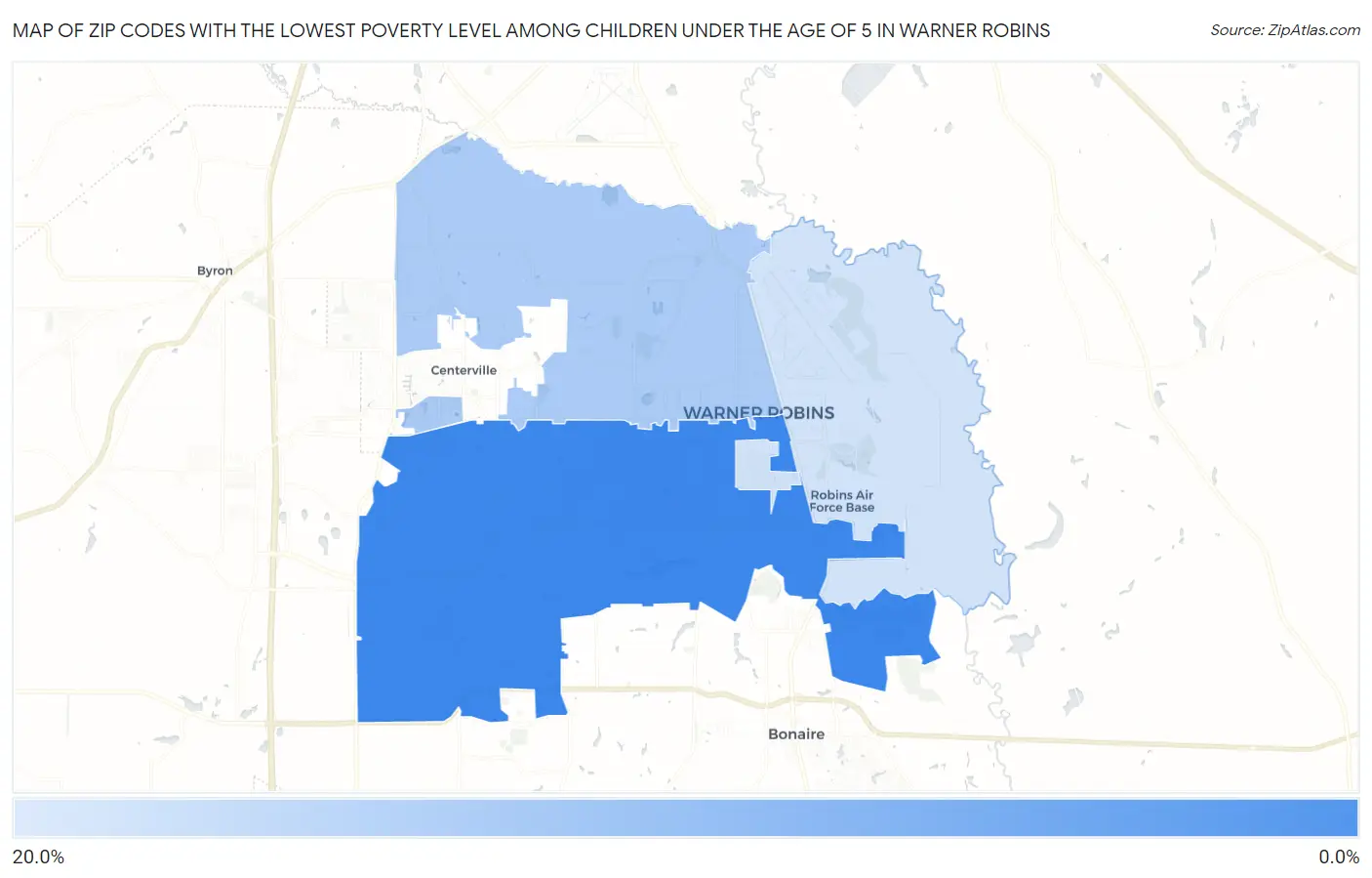 Zip Codes with the Lowest Poverty Level Among Children Under the Age of 5 in Warner Robins Map