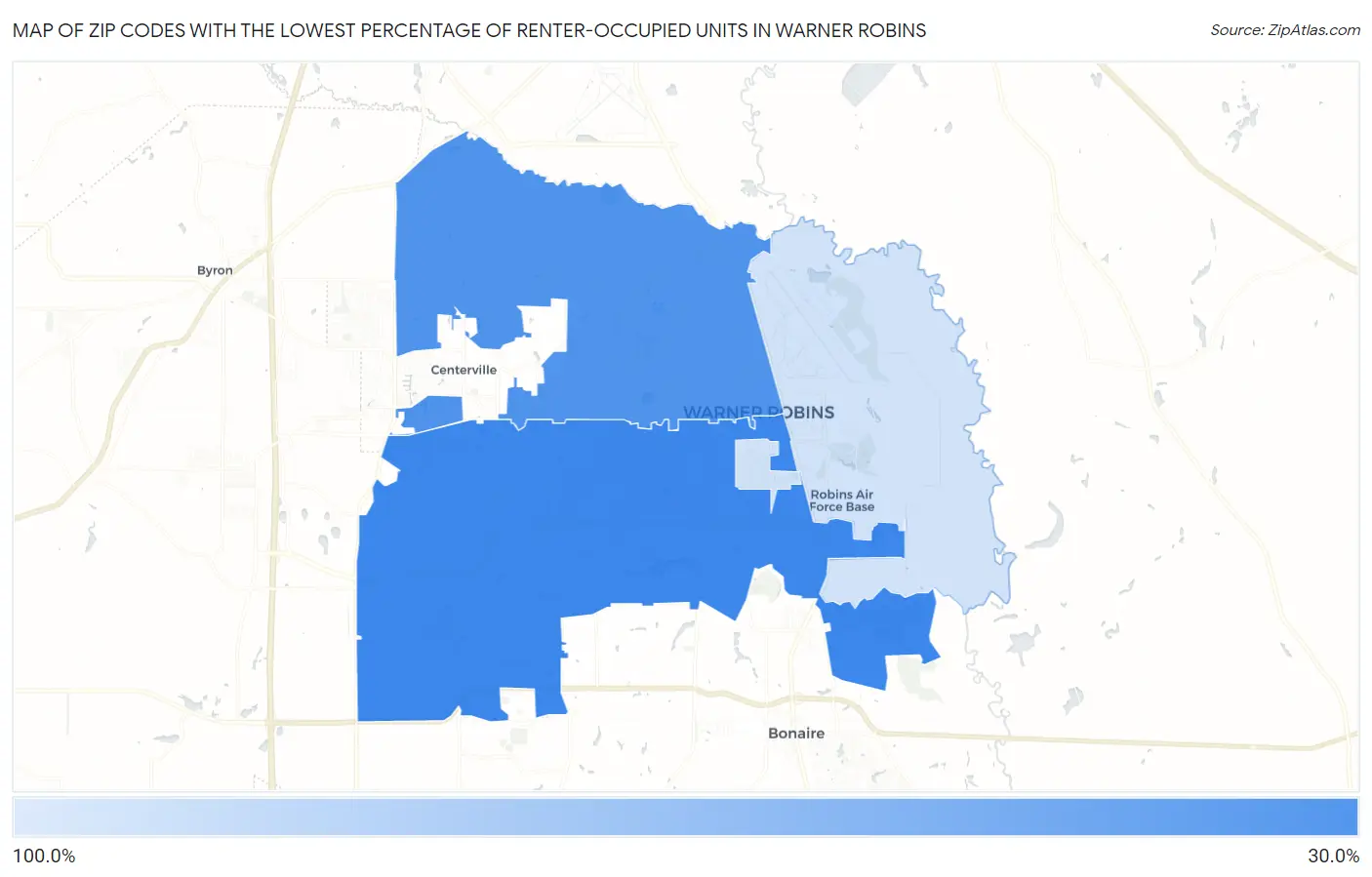 Zip Codes with the Lowest Percentage of Renter-Occupied Units in Warner Robins Map