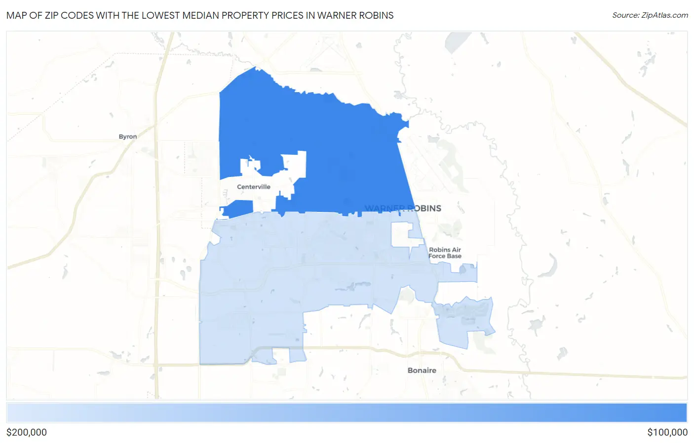 Zip Codes with the Lowest Median Property Prices in Warner Robins Map