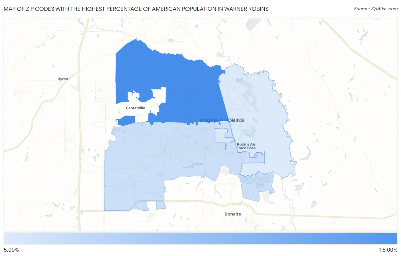 Zip Codes with the Highest Percentage of American Population in Warner Robins Map