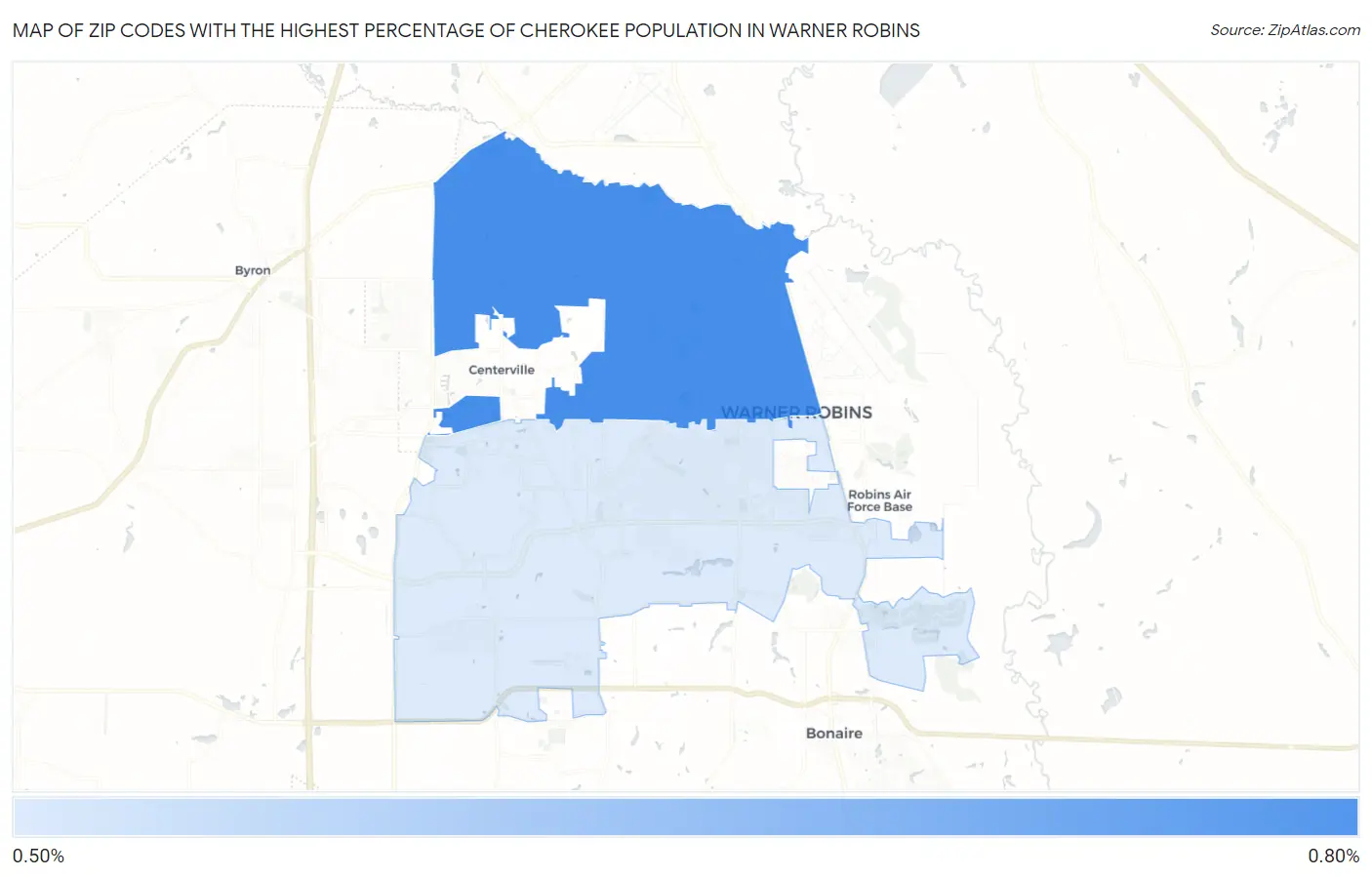 Zip Codes with the Highest Percentage of Cherokee Population in Warner Robins Map
