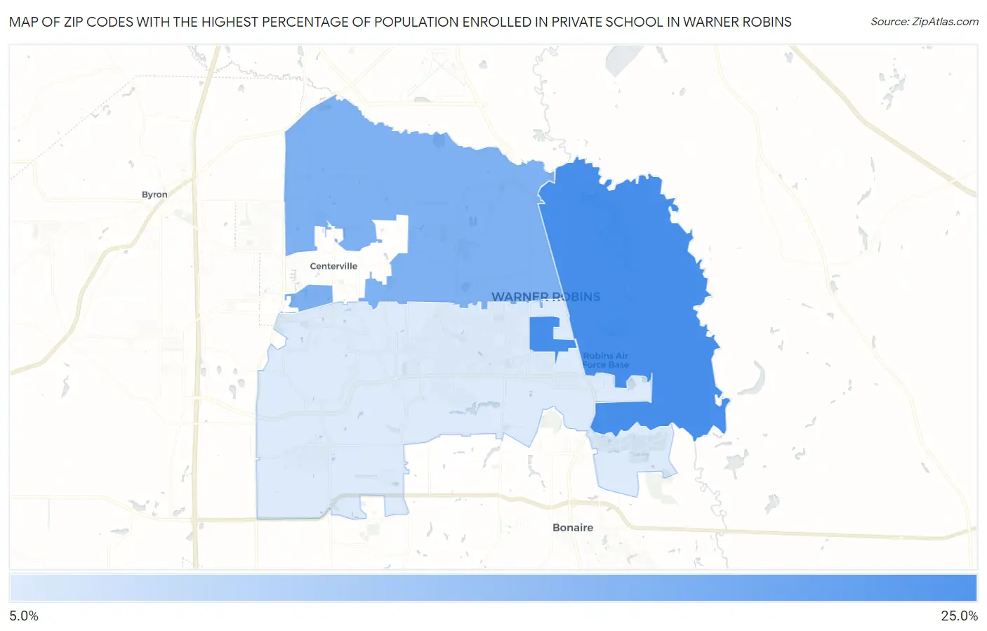 Zip Codes with the Highest Percentage of Population Enrolled in Private School in Warner Robins Map