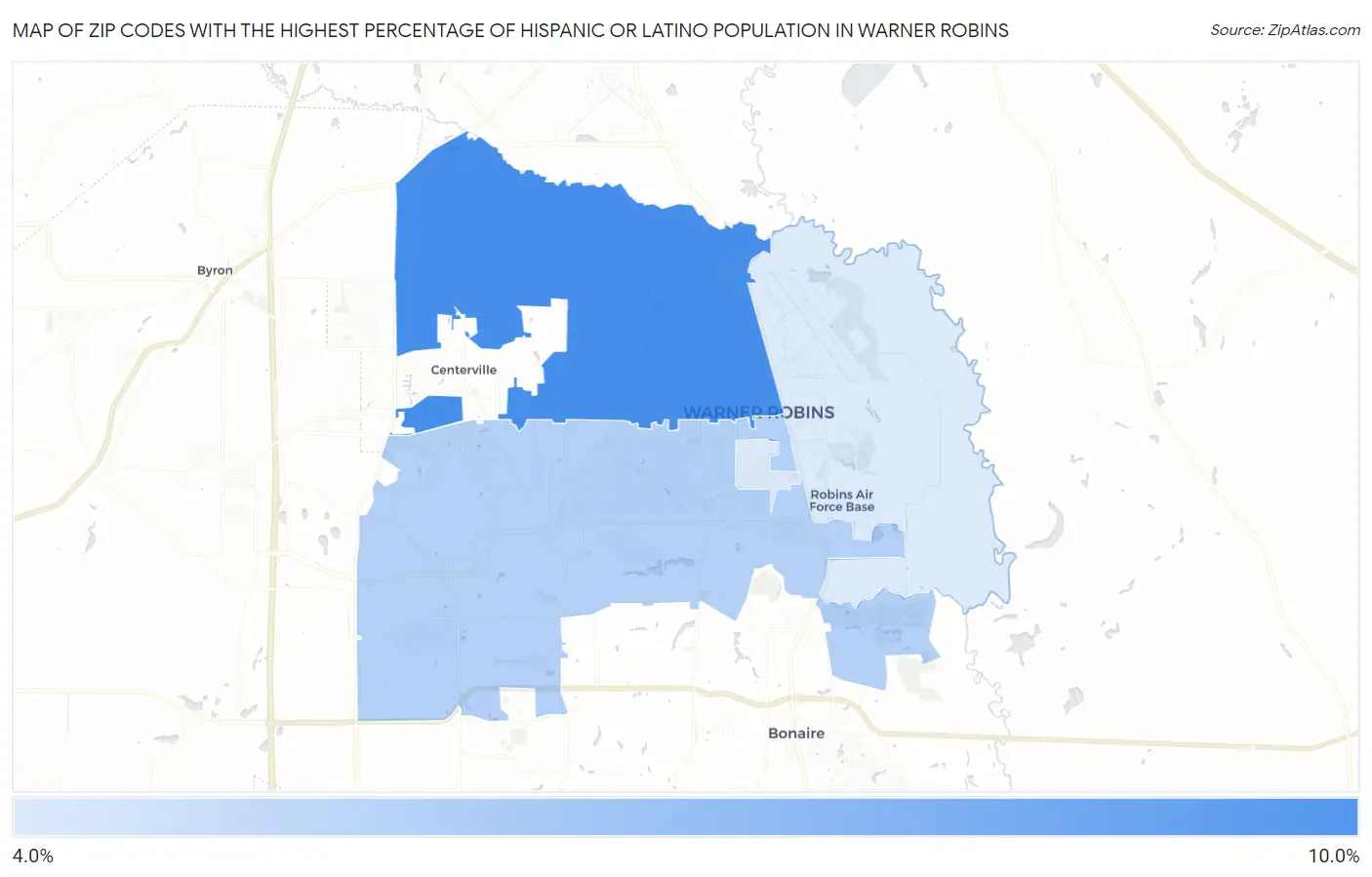 Zip Codes with the Highest Percentage of Hispanic or Latino Population in Warner Robins Map